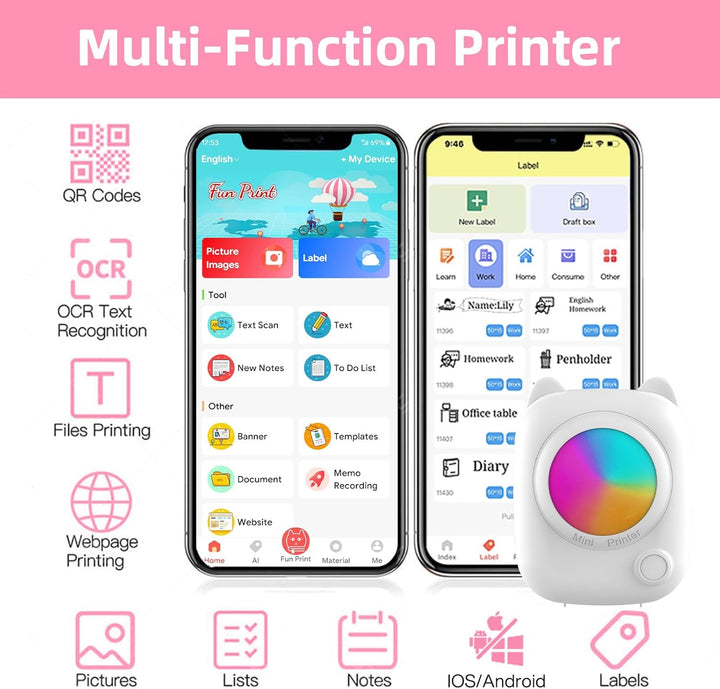 ZZXLOPEZ Mini Drucker, Tragbarer Mini Fotodrucker Thermodrucker Smartphone Taschendrucker, Wireless