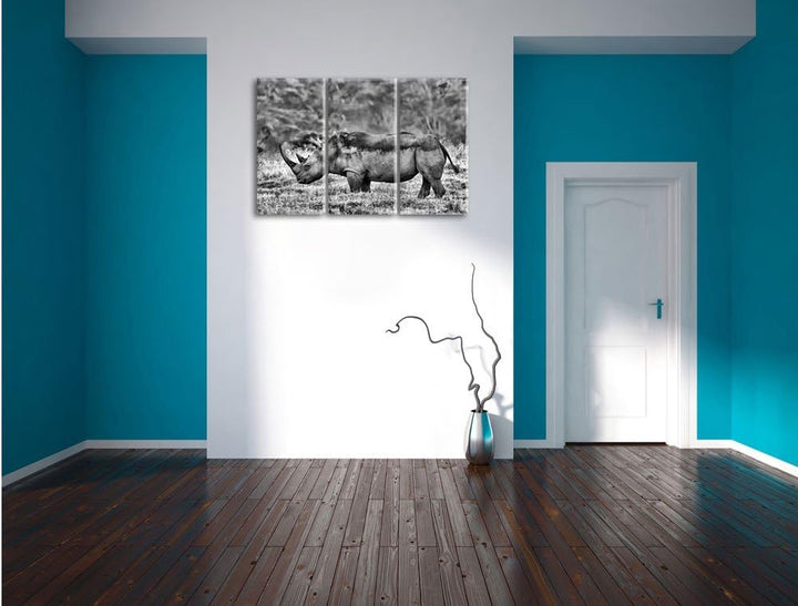 Pixxprint grosses Nashorn in der Savanne als Leinwandbild/Grösse: 3 Teilig (120x80) cm/Wandbild/Kuns
