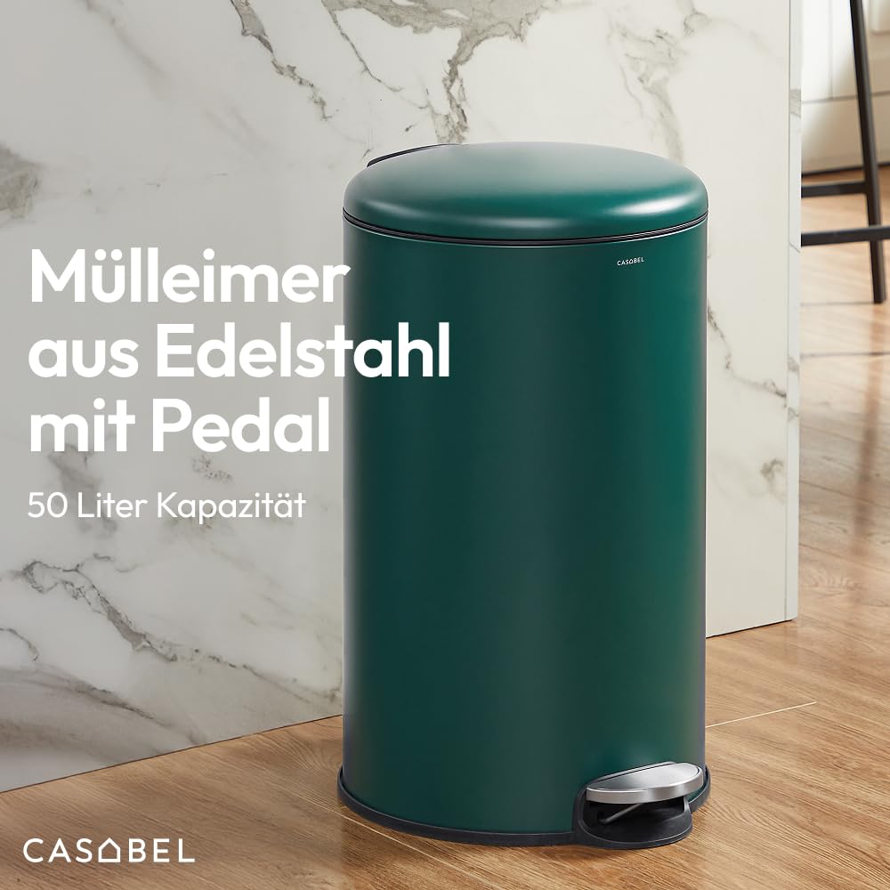 CASABEL Mülleimer Küche 50L, 100% Edelstahl, Resistent gegen Fingerabdrücke, Runder Treteimer mit Fu