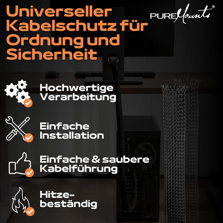 PureMounts PM-SOCKS-85B-50 universeller Polyester-Kabelschlauch (Klettverschluss, 85mm, Länge: 50m R