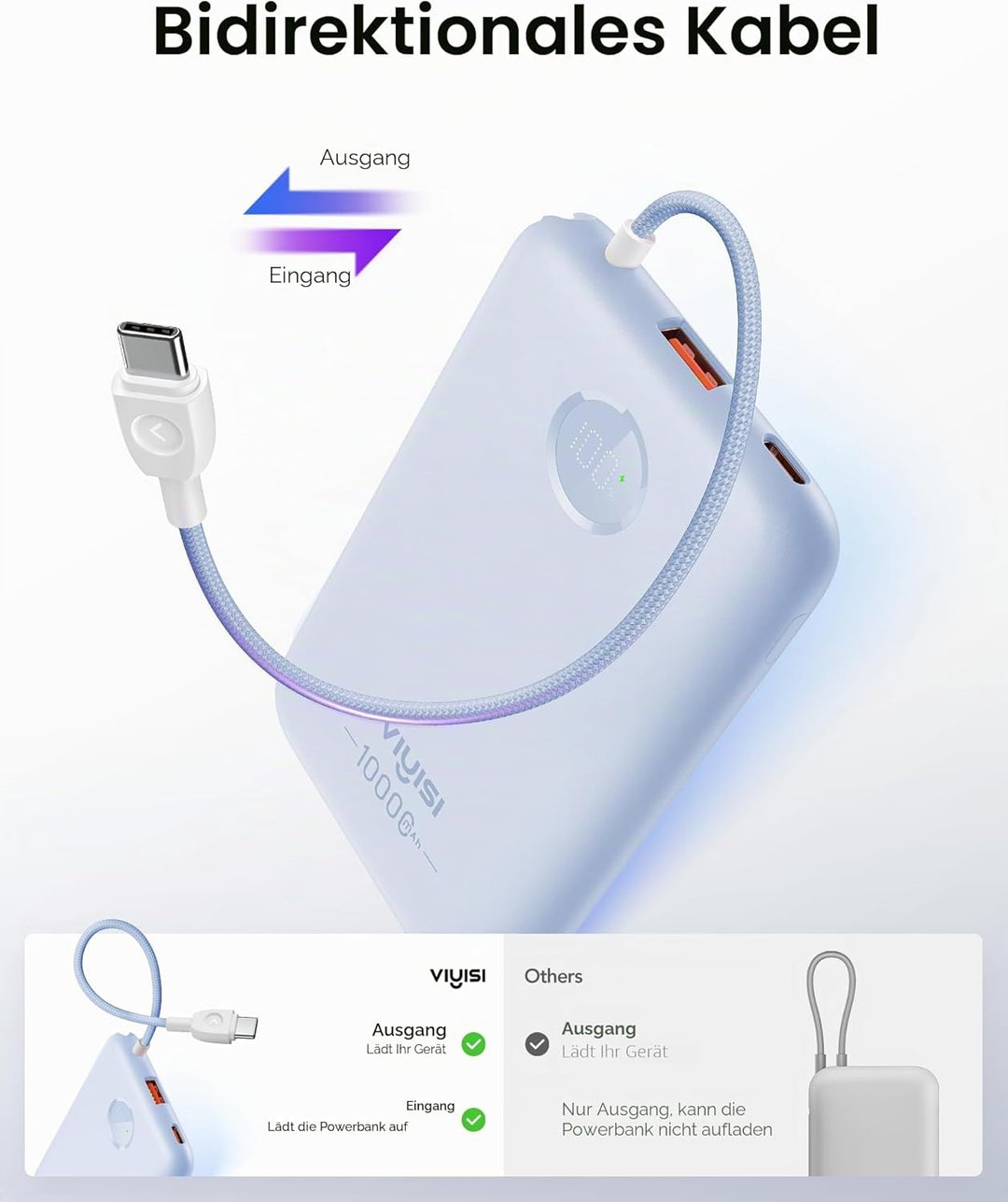 VIYISI Powerbank 10000mAh, Ultrakompaktes Akkupack mit integriertem USB-C Kabel & LED-Anzeige, Exter