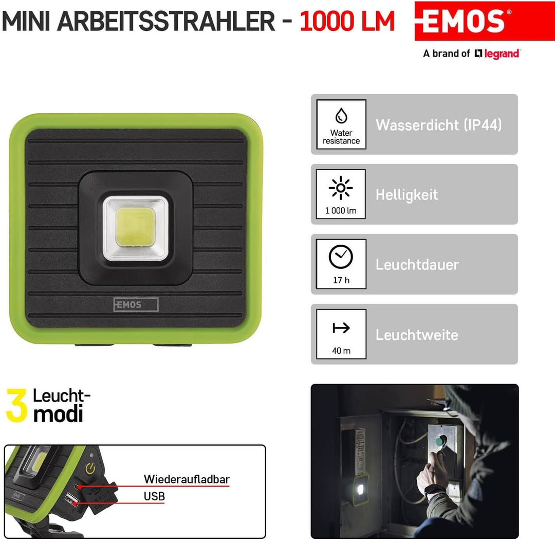 EMOS Mini-LED-Strahler, aufladbarer Baustrahler mit Powerbank, wasserdicht, max. 1000 lm, 40m Leucht
