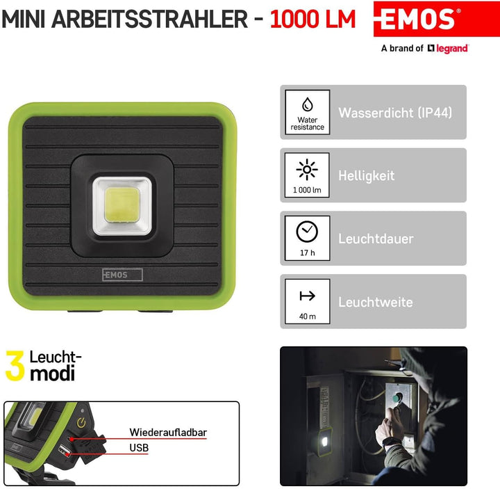 EMOS Mini-LED-Strahler, aufladbarer Baustrahler mit Powerbank, wasserdicht, max. 1000 lm, 40m Leucht
