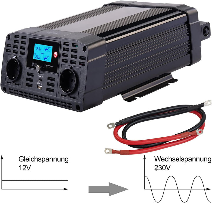 revolt Sinus Wechselrichter: 12-V-Wechselrichter auf 230 Volt, USB-A und -C, 1.500 Watt, Sinuswelle