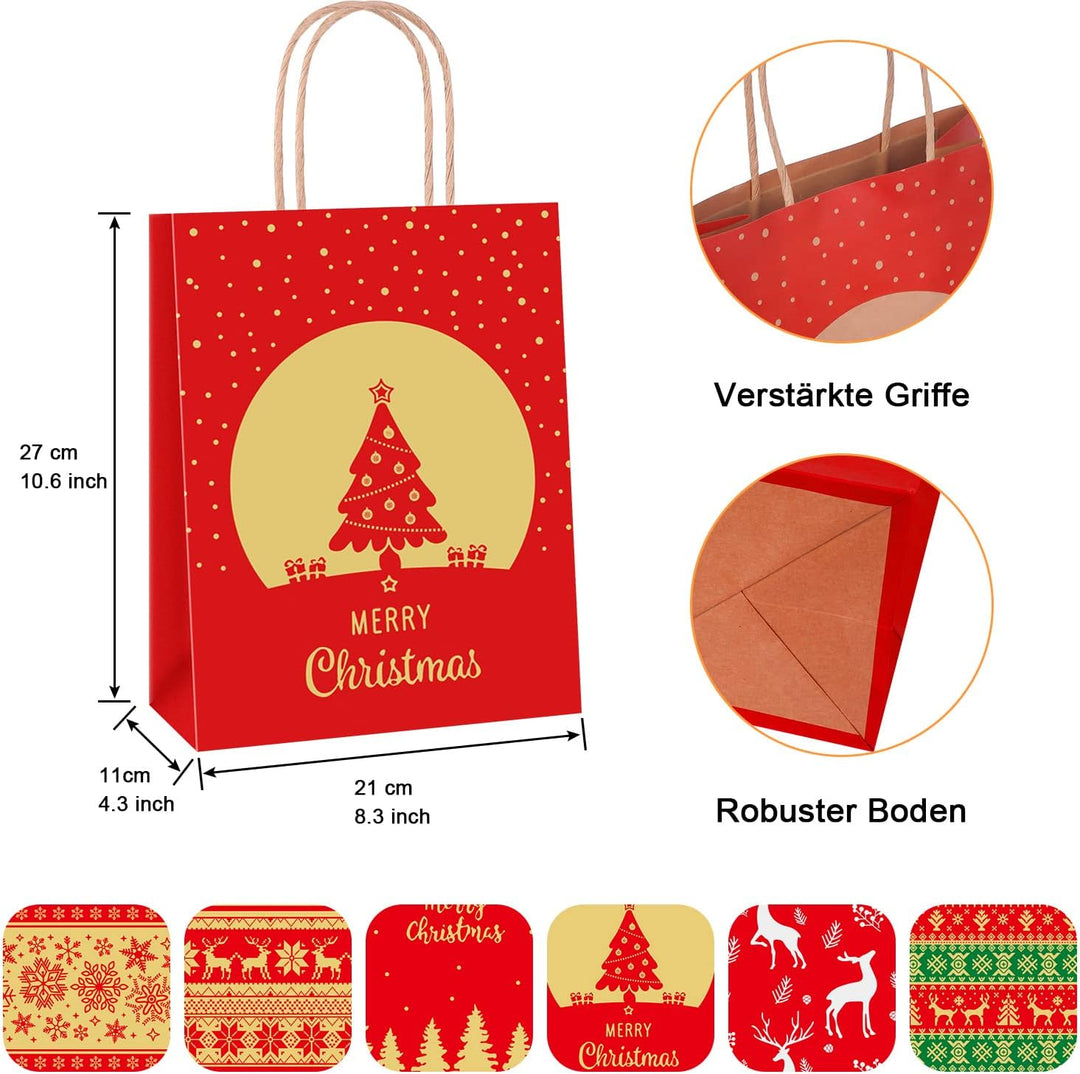 24 Stk Geschenktüten Weihnachten, Weihnachtstüten 27 x 21 x 11 cm, Papiertüten Braun, Kraftpapier Tü