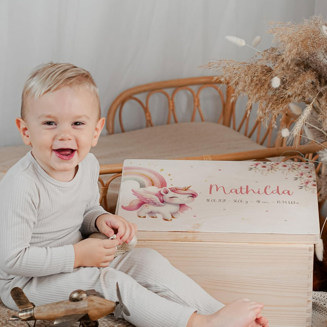 KIDSMOOD - Erinnerungsbox Baby, personalisierte Holzkiste mit Deckel, Ideal zur Aufbewahrung von Eri