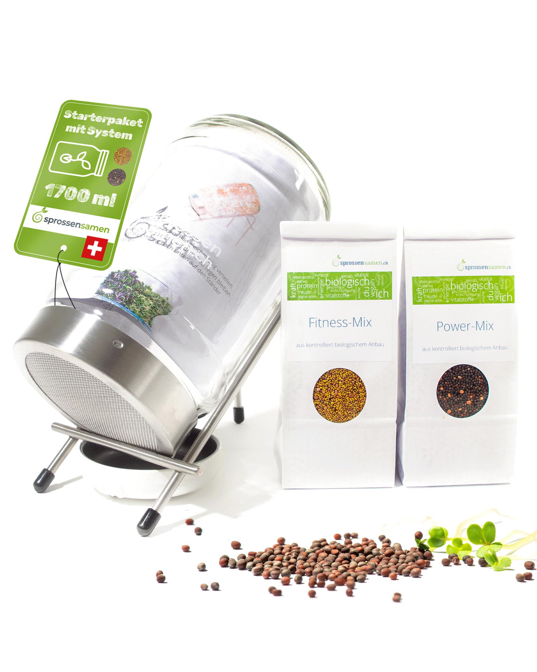 biosprosser Sprossenglas Set mit Starterpaket - Fitness-Mix 250g &amp; Power-Mix 250g - Keimglas für Spr