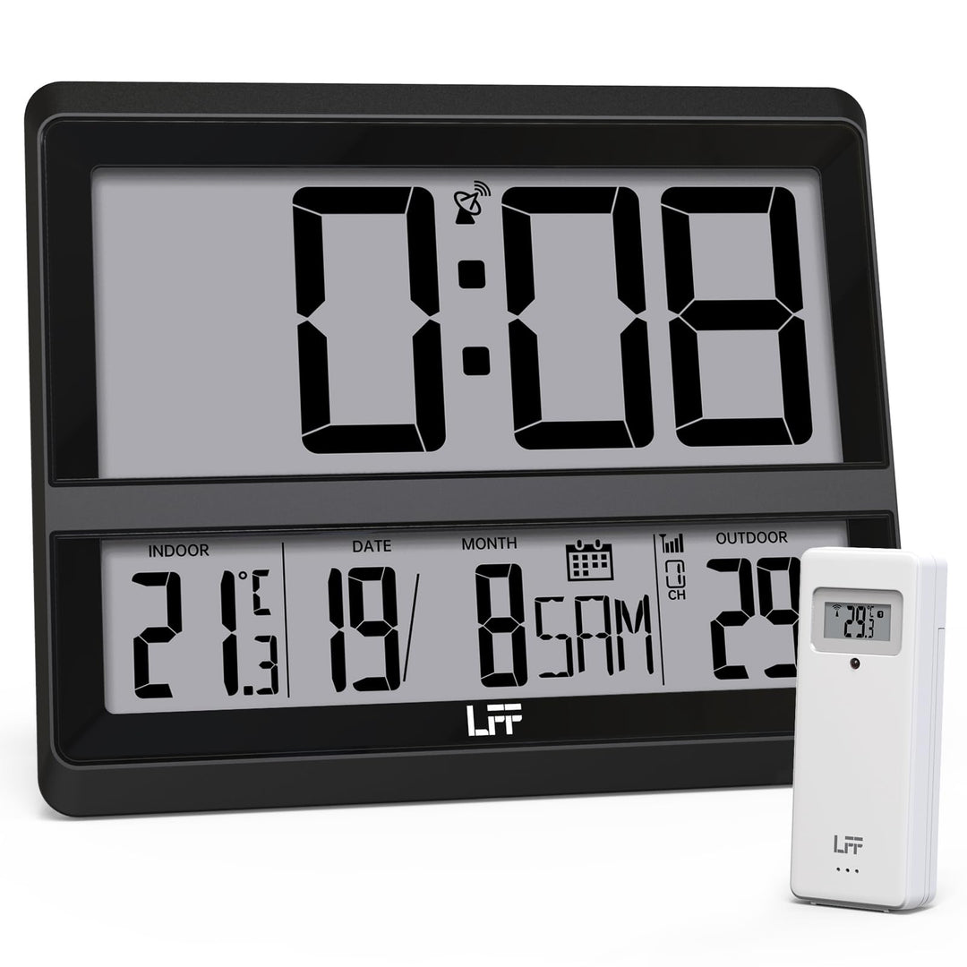 Atomuhr mit Grossem Display, Digitale Wanduhr mit Temperatur Datum Innen Aussen, Drahtloser Aussense