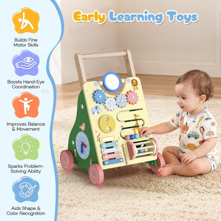Lauflernwagen Holz, 10 in 1 Montessori Spielzeug Multifunktion,Einstellbar Baby Walker mit Activity