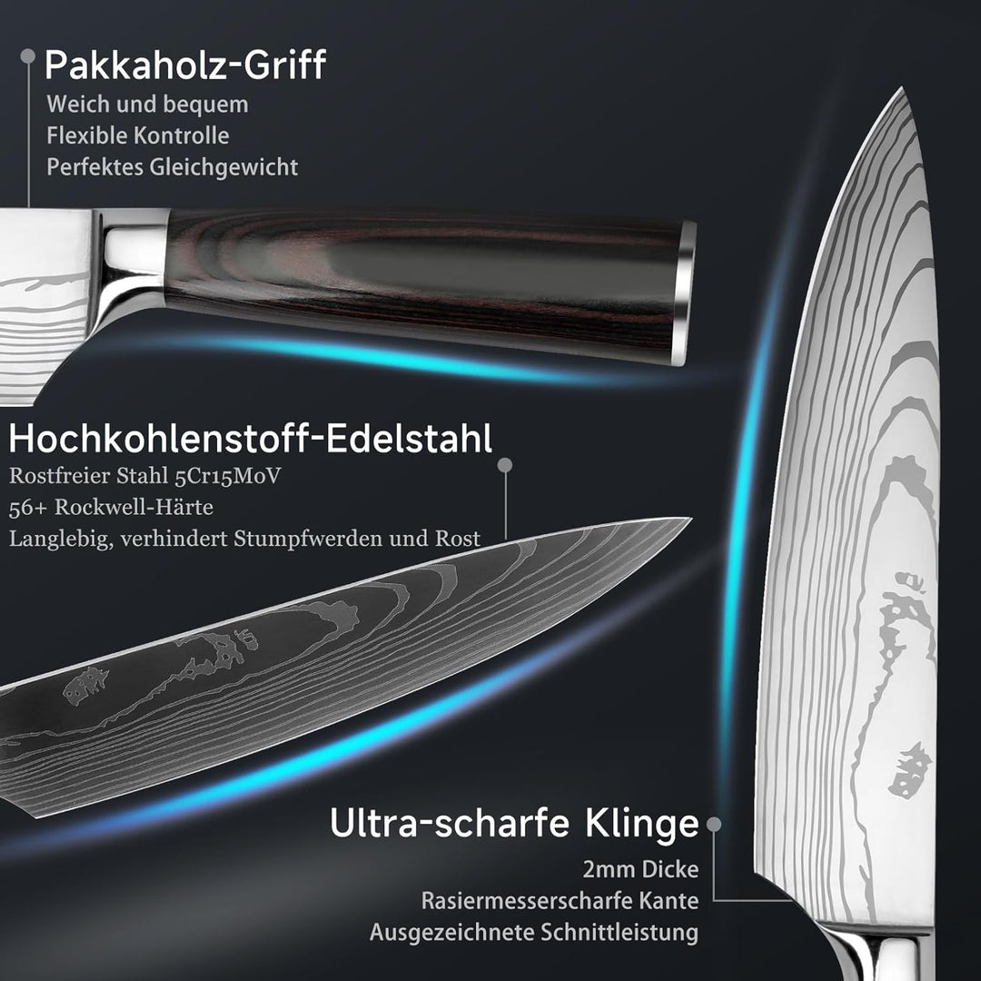 Gustrug Messerset Küchenmesser Set 3-tlg mit Pakkaholzgriff, Scharfe Messer Set aus Hochwertigem Car