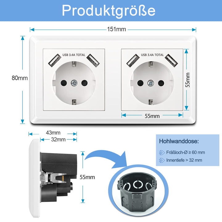 Kaifire Doppelsteckdose mit USB Anschluss, Schuko USB Steckdose System 55 Reinweiss Komplett-Set ink