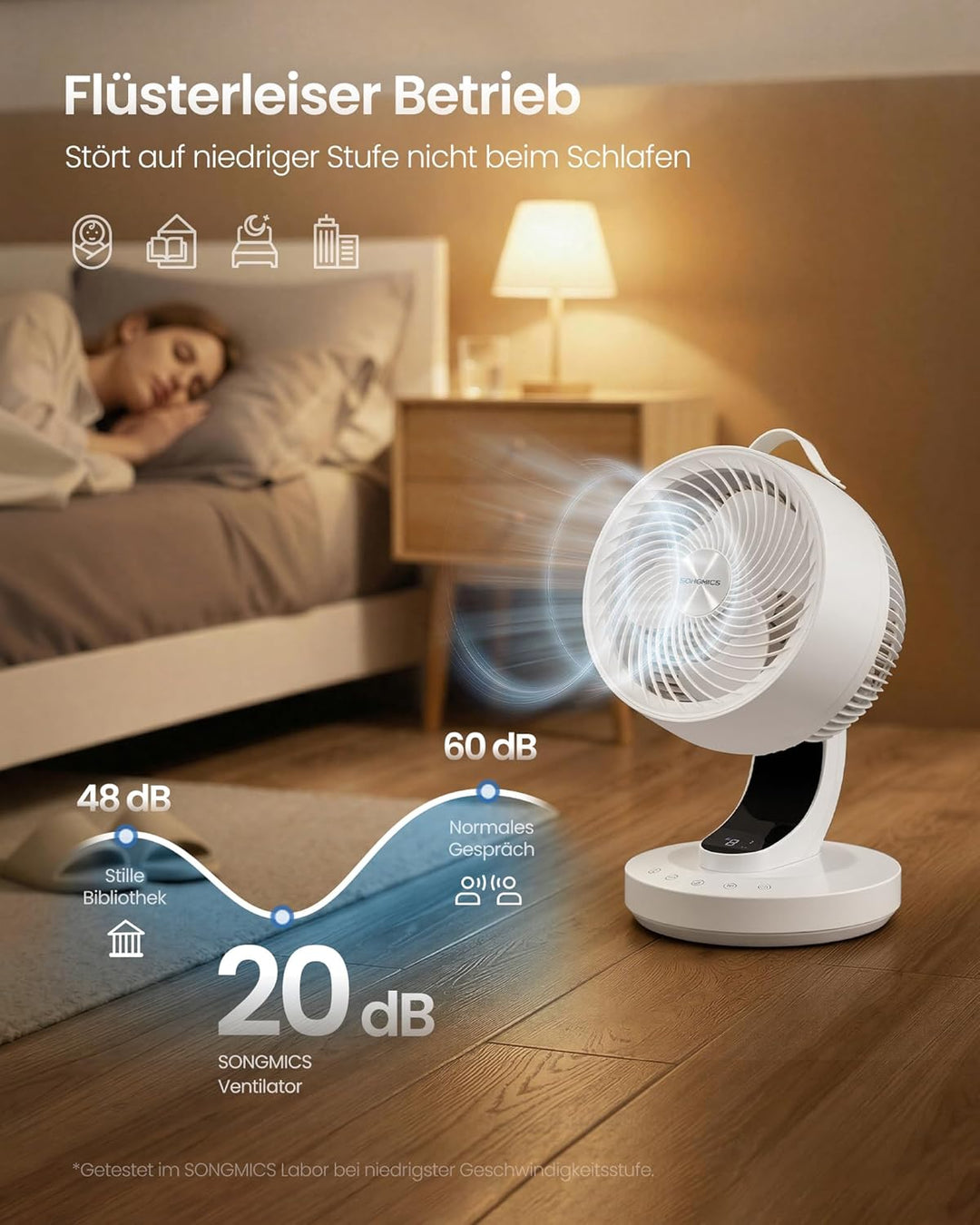 SONGMICS Tischventilator, Ventilator leise 20 dB, Luftzirkulator LED-Display, Fernbedienung, effizie