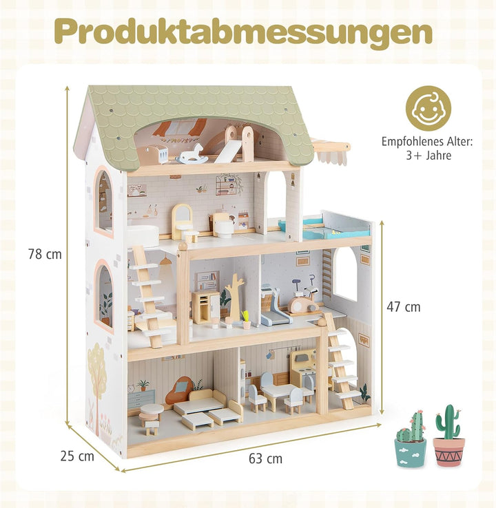 COSTWAY Puppenhaus Holz, Kinder Dollhouse mit 33 Möbelstücken, Puppenstube mit Balkon & Pool, Puppen