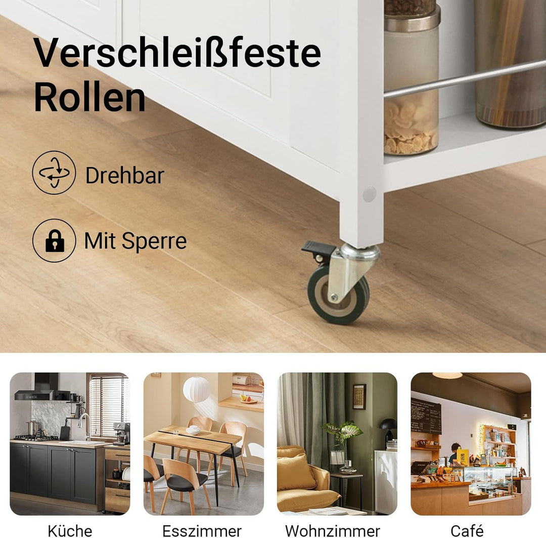 SoBuy FKW108-W Design Küchenwagen mit Edelstahlplatte Kücheninsel mit Seitenregal Küchenschrank Roll