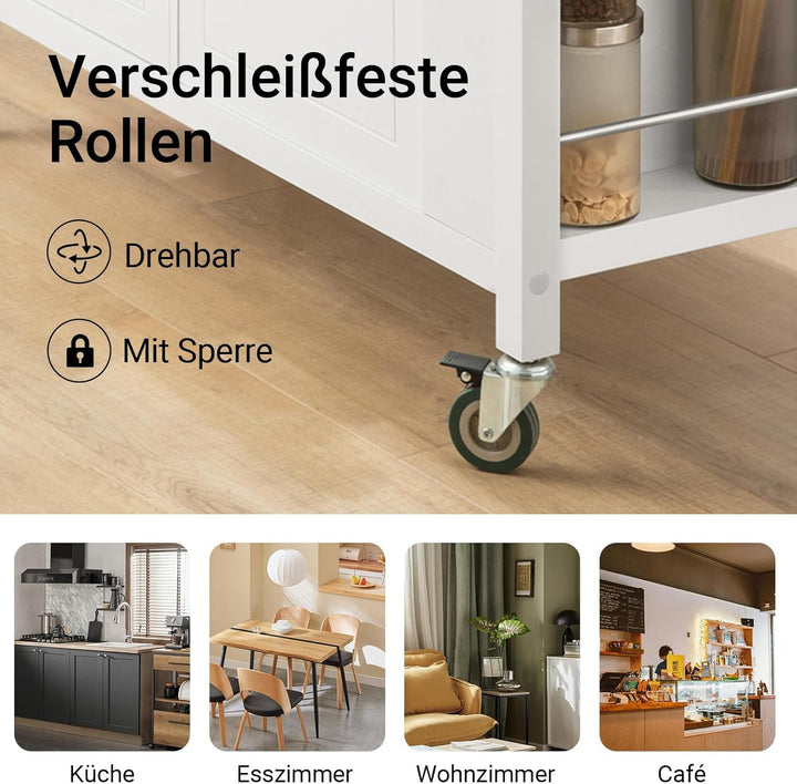 SoBuy FKW108-W Design Küchenwagen mit Edelstahlplatte Kücheninsel mit Seitenregal Küchenschrank Roll