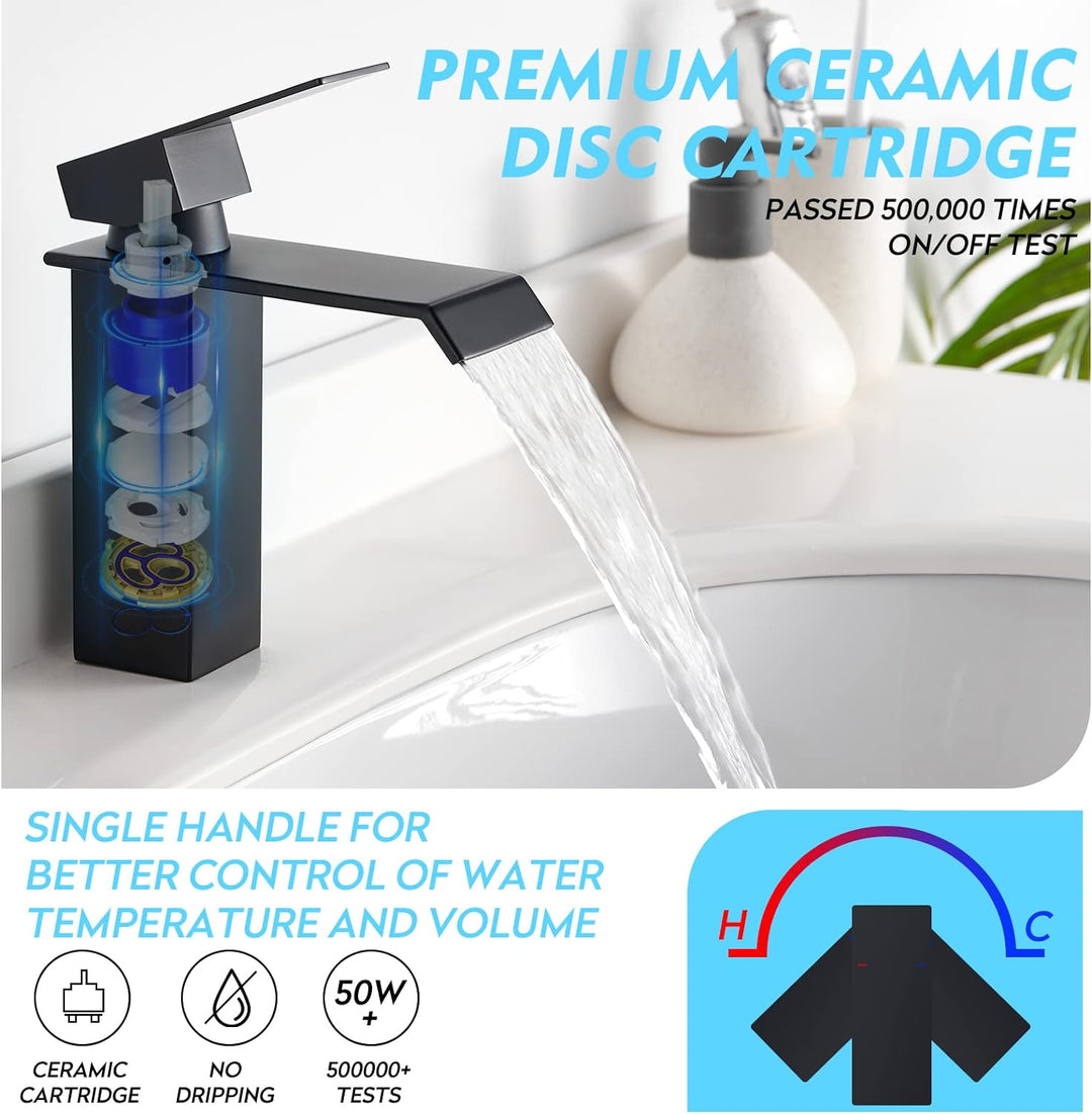 CREA Wasserhahn Bad Wasserfall, Waschtischarmatur mit Ablaufgarnitur, Mischbatterie Bad mit Wasserfa