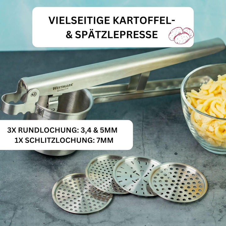 Westmark Spätzle/-Kartoffelpresse, Mit 4 auswechselbaren Lochscheiben, Rostfreier Edelstahl, Quadro,