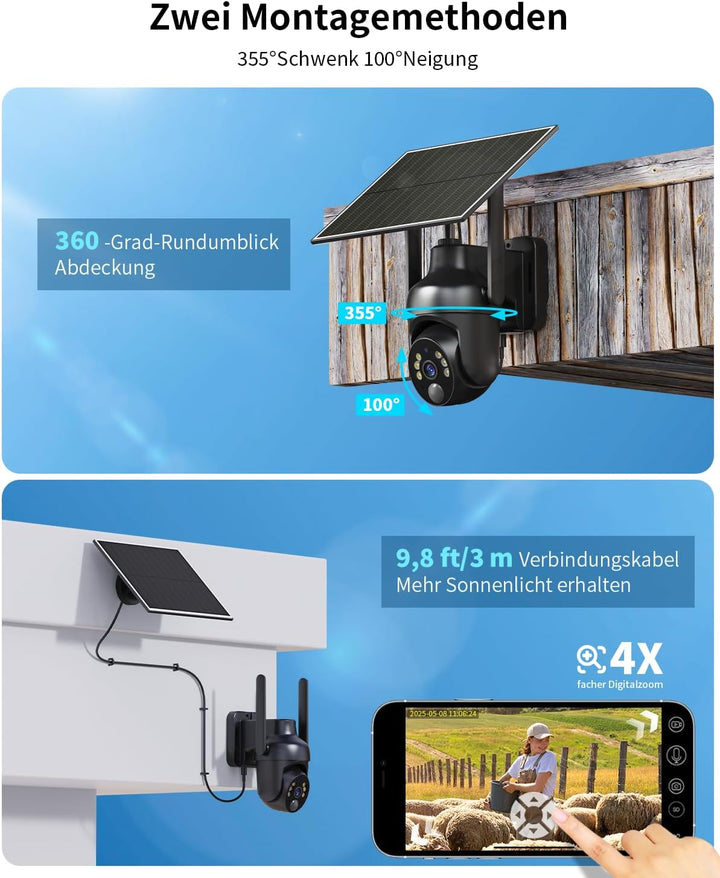 SEHMUA 4G LTE Überwachungskamera Aussen Solar, 2K HD PTZ Kabellos Kamera Ohne WLAN Outdoor Akku, 355