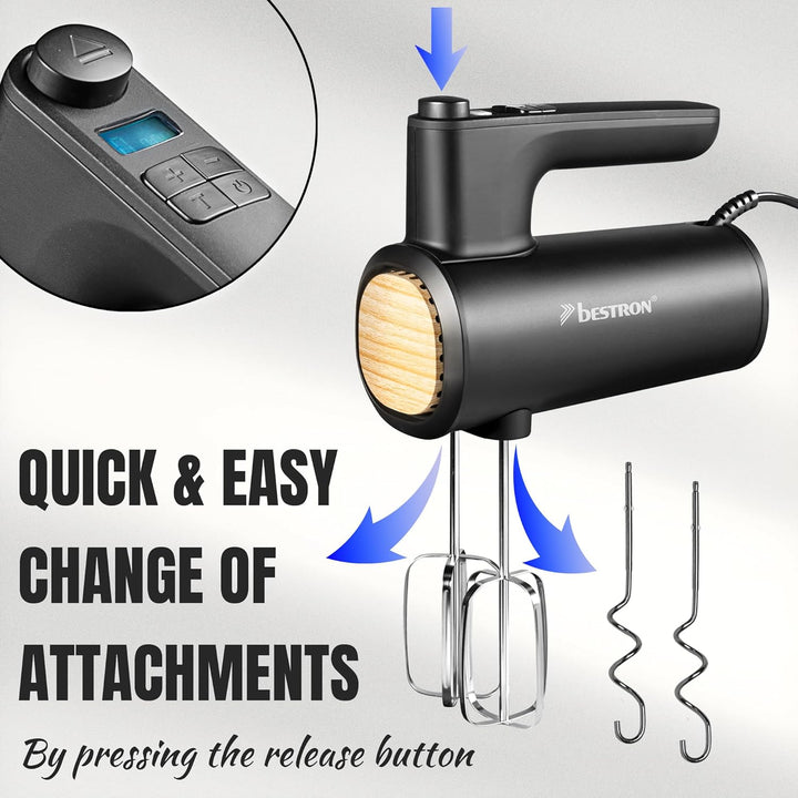 Bestron Power Handmixer, Leistungsstarker Handmixer mit 6 Stufen, Turbo-Funktion & LCD-Display, Rühr