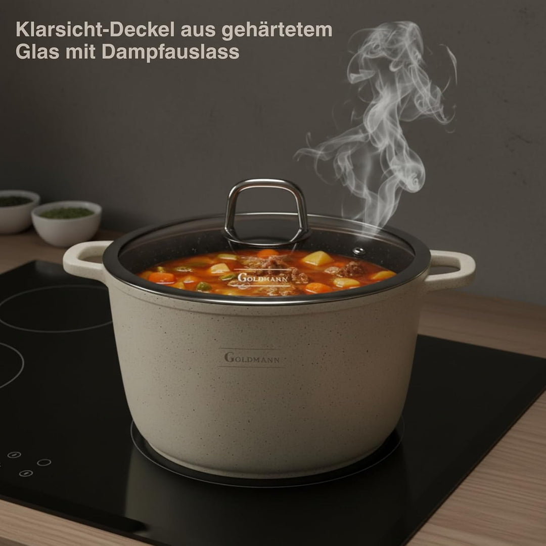 GOLDMANN 24 CM Aluguss-Kochtopf/Suppentopf (6.2L) mit Glasdeckel, Marmor-Keramik-Antihaftbeschichtun
