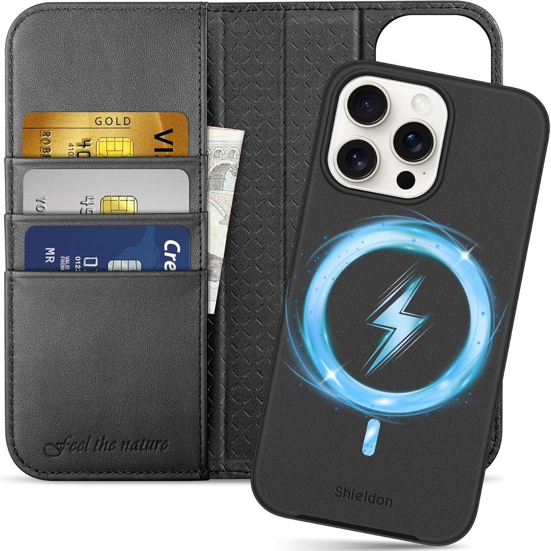 SHIELDON Hülle für iPhone 15 Pro Max, Echtleder Handyhülle [Abnehmbar] [kabelloses Laden] [Kartenfac