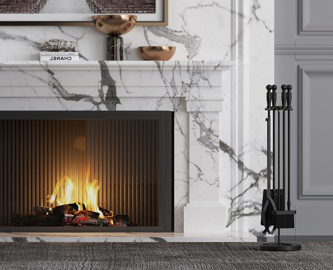 FireBeauty Kaminbesteck Set 5 Stück Schmiedeeisen Feuerstelle Schürhaken Halter 78,7 cm H (Schwarz),