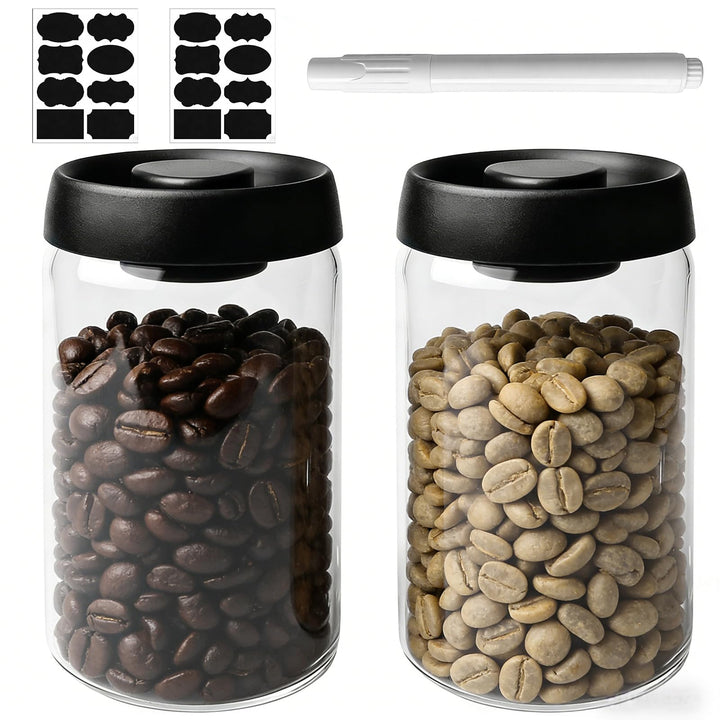 1.2L Kaffeedose Luftdicht, 2 Stück Vakuumbehälter aus Glas Mit Schwarzem Deckel Und Goldenem Knopf,