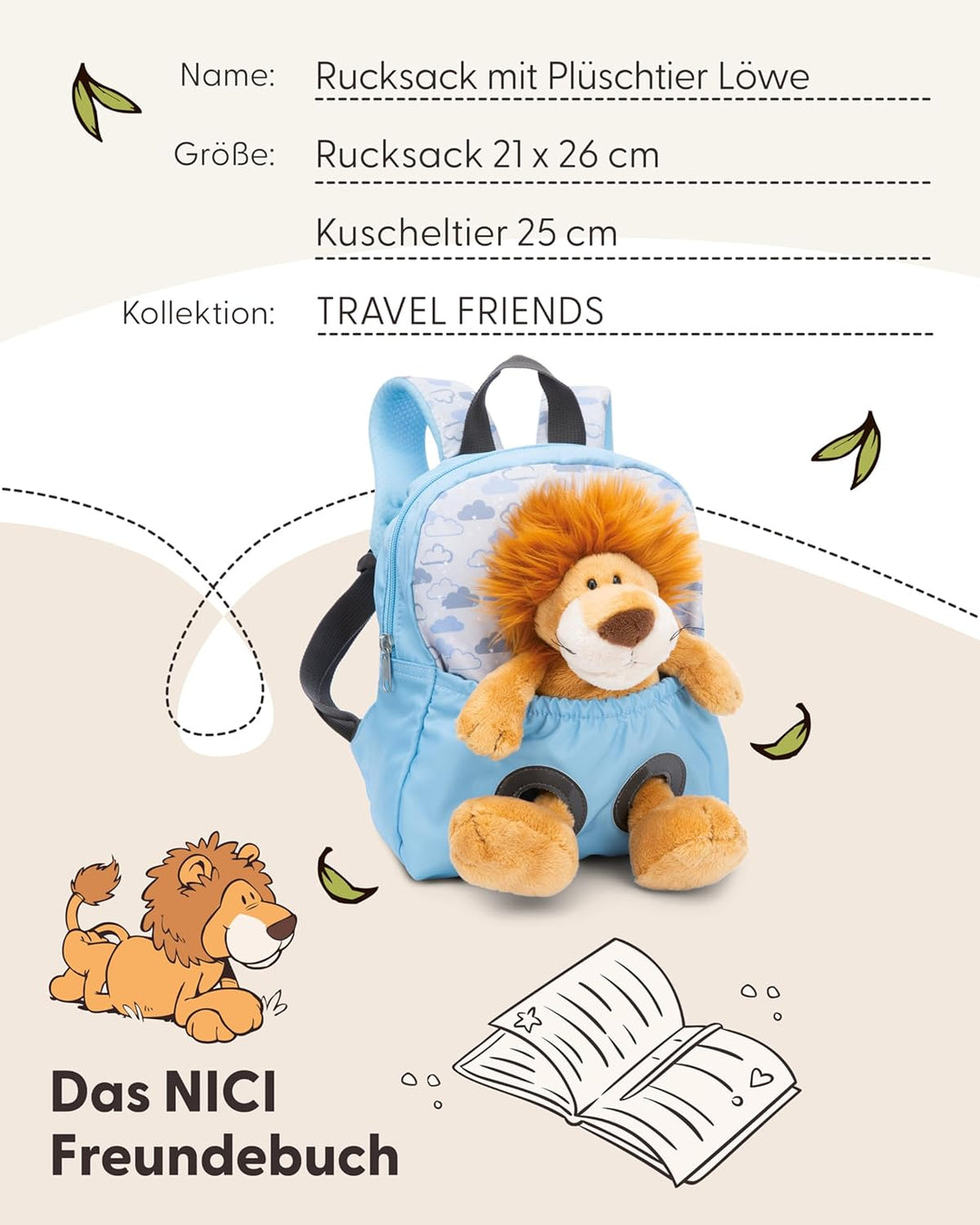 NICI Kinderrucksack blau 2 in 1 mit Kuscheltier Löwe 25cm - Kindergartenrucksack Mädchen & Jungen -