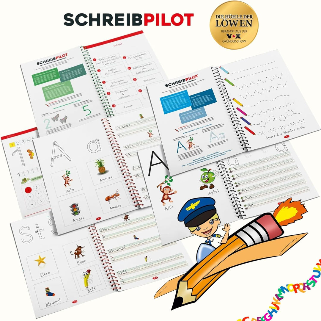 SCHREIBPILOT 3er Set Schreiblernhefte für ABC-Schützen mit vorgeprägten Buchstaben, Zahlen und Wörte
