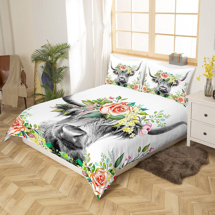 Homemissing Highland Kuh Bettwäsche Set für Mädchen Jungen Kinder Bull Rinder Blumen Bettwäsche 135x