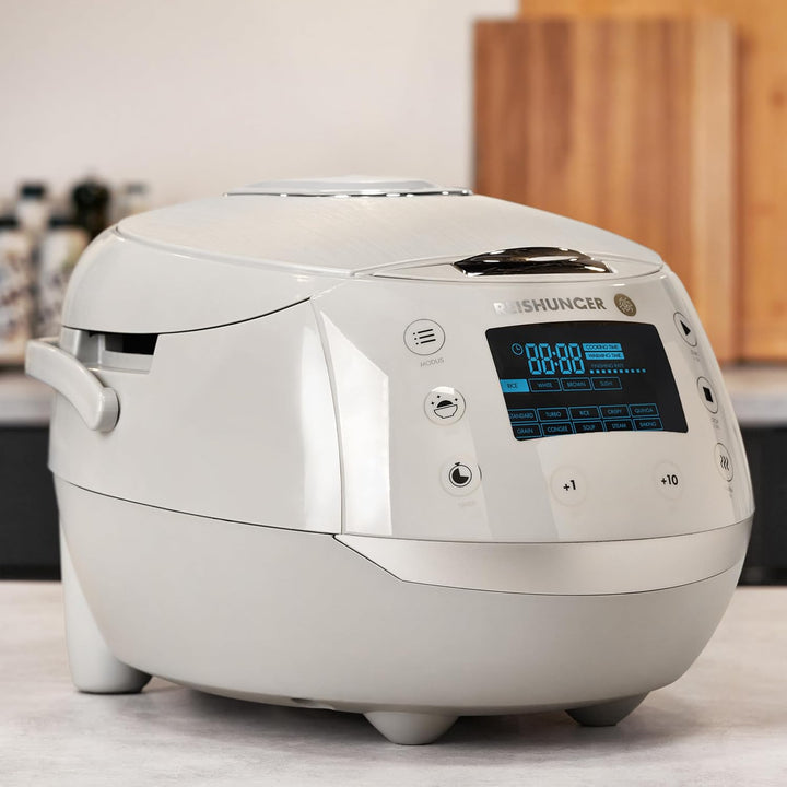 Reishunger Digitaler Reiskocher & Dampfgarer Grau + Gratis Kochbuch – Warmhaltefunktion, Timer & Pre