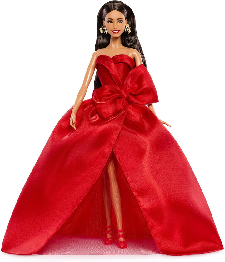Barbie Signature Puppe, Holiday 2026, braunhaarige Modepuppe | mit Schleifenkleid in Rot, saisonale