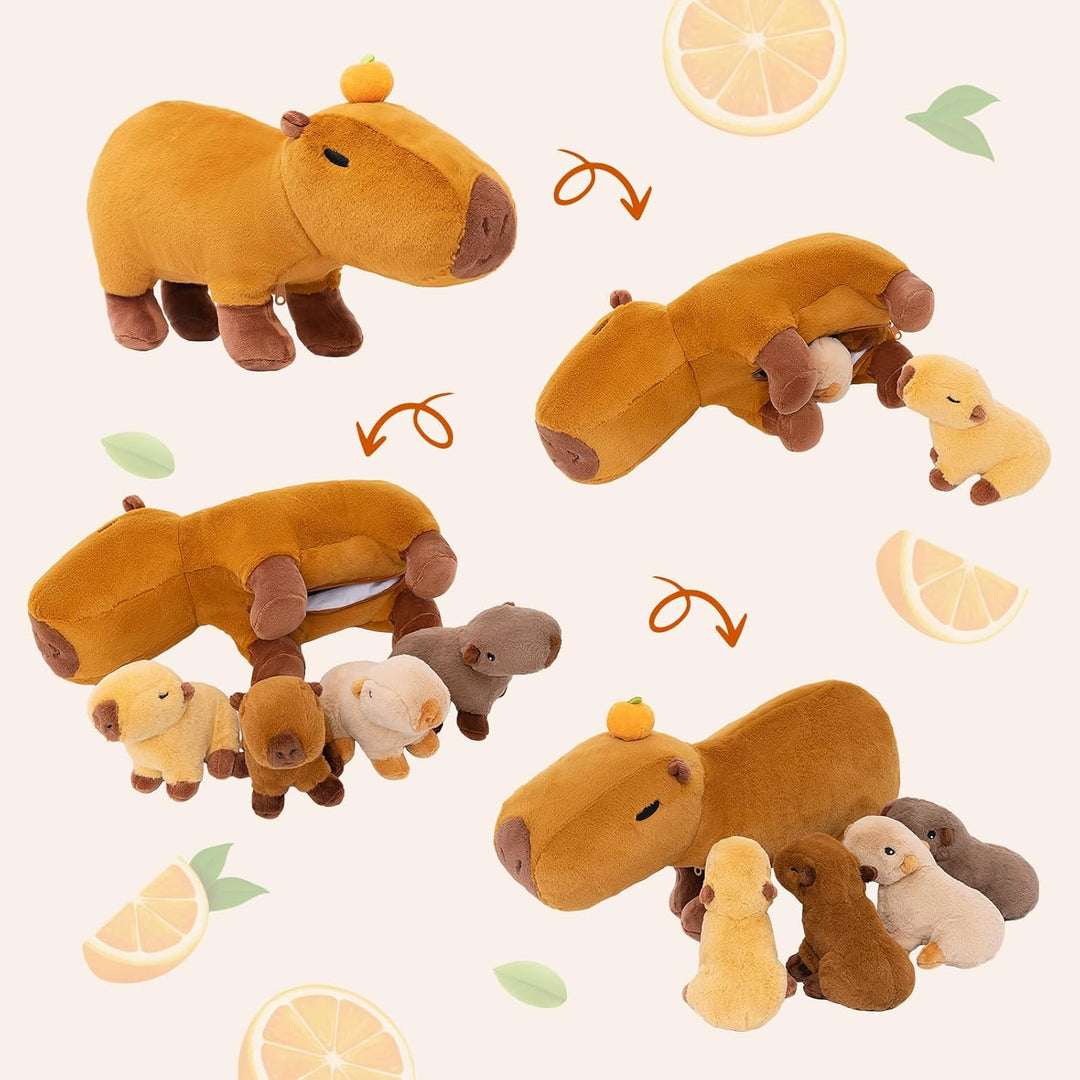 OUOZZZ 5 Stück Capybara Plüschtier, 38cm Weich Capybara Kuscheltier mit 4 Baby Capybara Stofftiers i