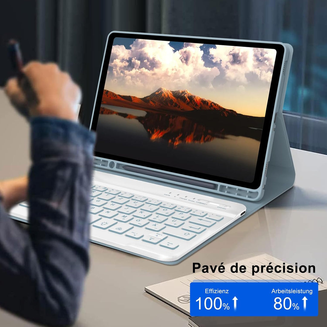 Hülle mit Tastatur für Samsung Galaxy Tab A9 8.7'' 2023, 7 Farben Beleuchtung, QWERTZ Deutsches, Mag