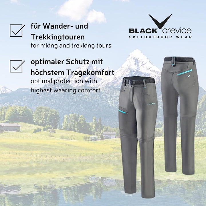 Black Crevice Damen Zip Off Leg Trekkinghose I Wanderhose-Damen mit abnehmbaren Beinen I wasserabwei