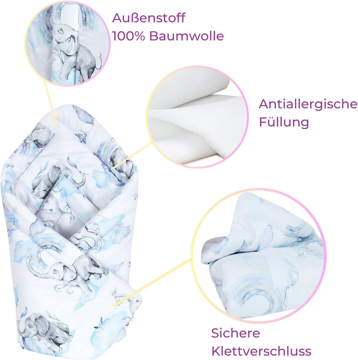 Babylux Einschlagdecke BABYHÖRNCHEN 75 x 75 cm Baby Neugeborene Erstausstattung (126. Elefanten Blau