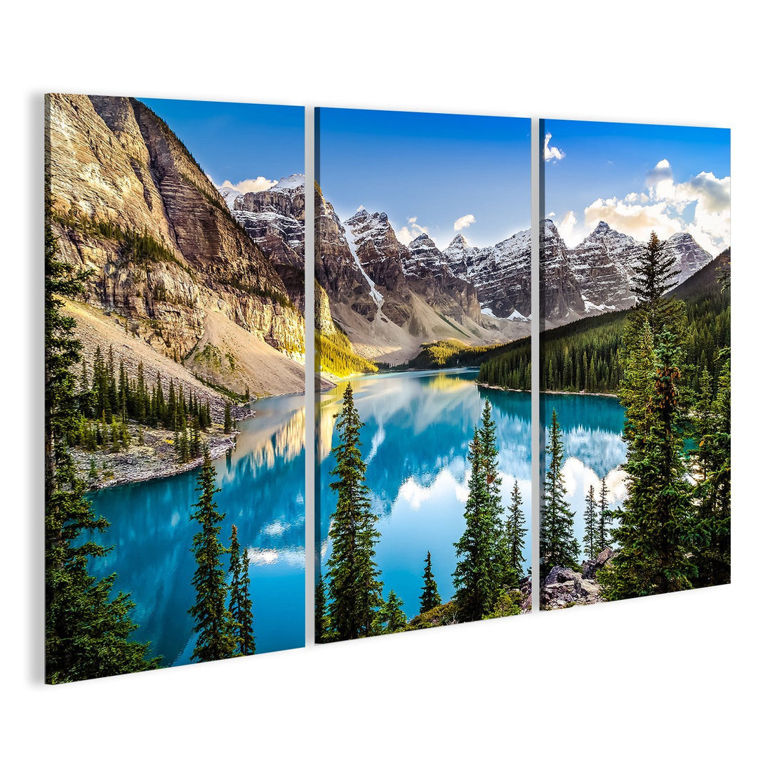 islandburner Bild auf Leinwand Landschaftssonnenuntergangansicht von Morain See und von Gebirgszug,