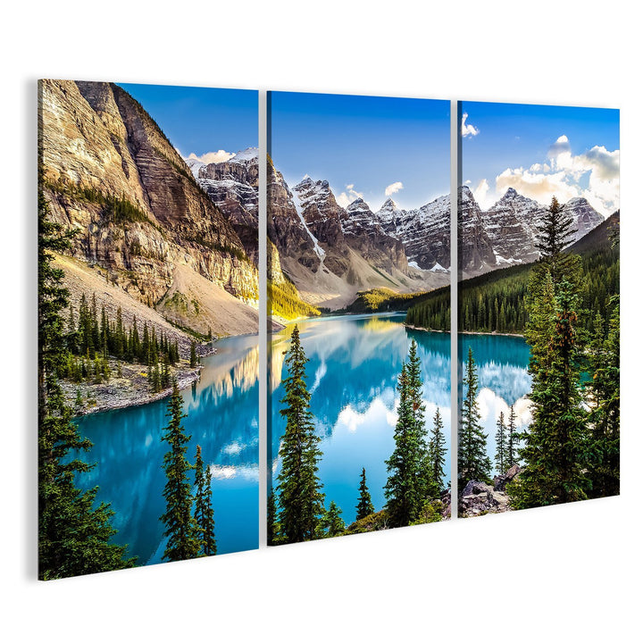 islandburner Bild auf Leinwand Landschaftssonnenuntergangansicht von Morain See und von Gebirgszug,