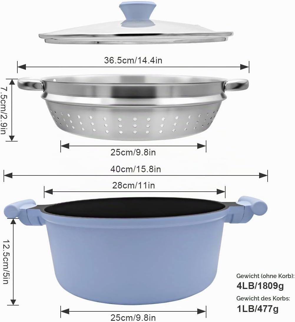 Kochtopf 28 cm mit Deckel, Grosser 6L Stielkasserolle mit Dampfkorb Antihaftbeschichtung-Kasserolle