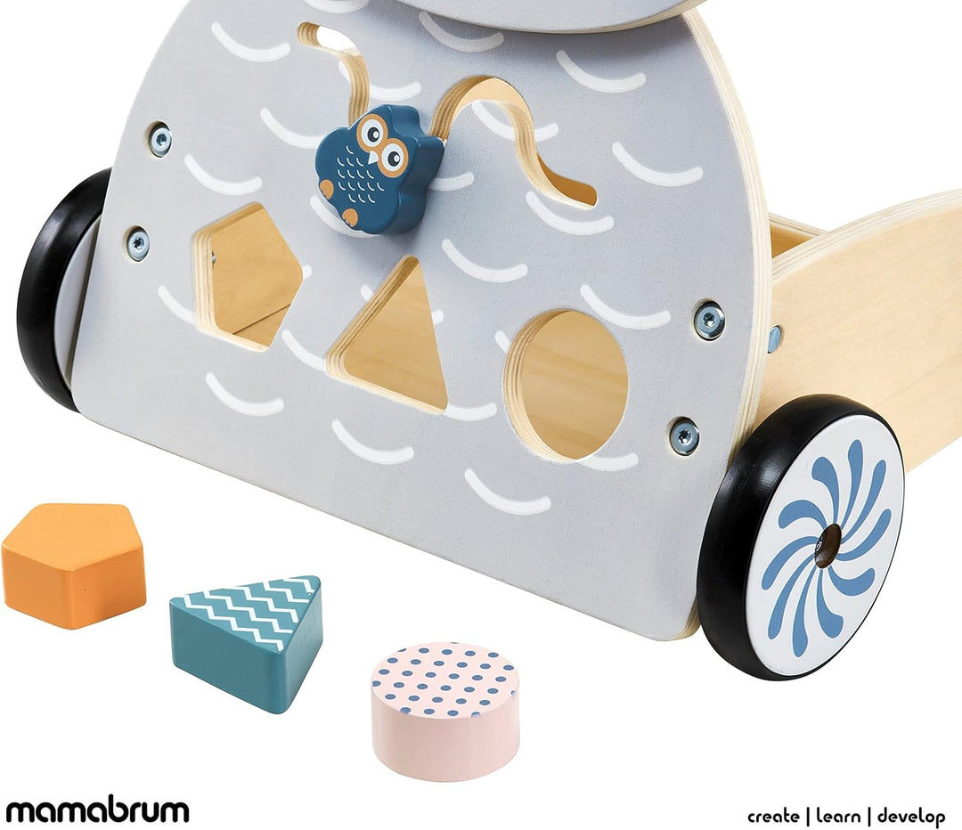 Mamabrum Holz-Spielzeugwagen mit Blöcken, multifunktionaler Lauflernwagen, Eulen förmiger Drücker, S
