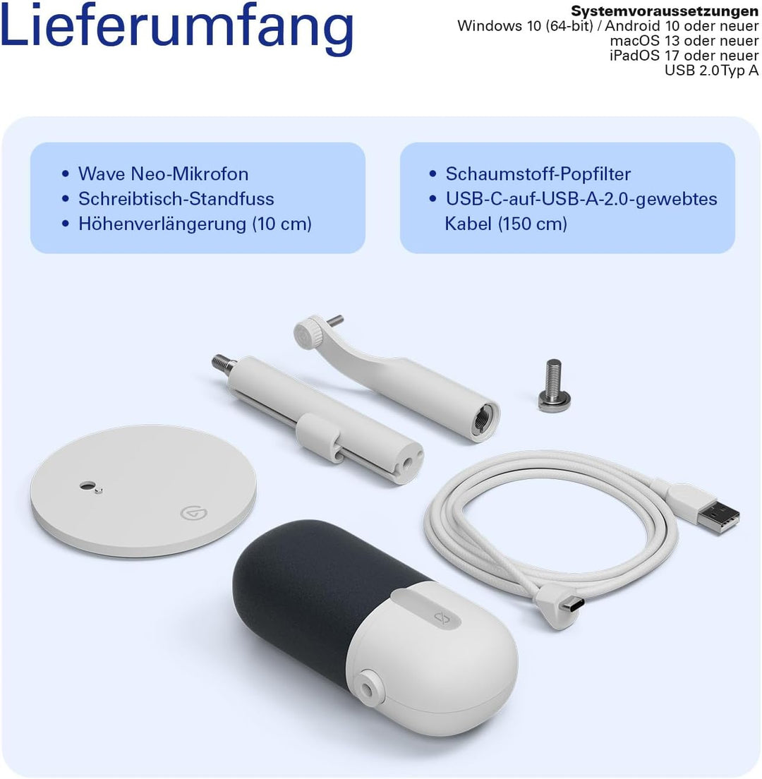 Elgato Wave Neo – USB Kondensatormikrofon, Stummschalten per Tippen, für Gaming, Streaming, Konferen