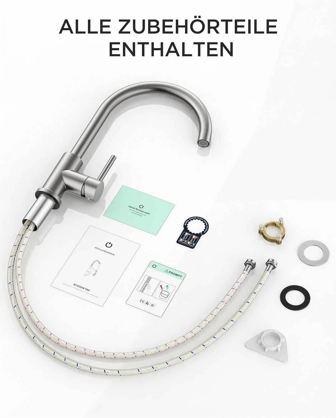 FORIOUS Wasserhahn Küche, Mischbatterie Armatur, Edelstahl, 360° Schwenkbar, Einhebel-Warm- und Küch