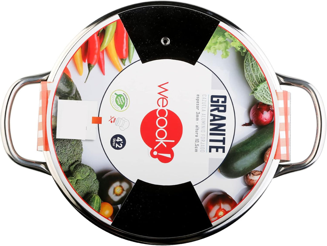 WECOOK! Granite Cazuela Alta Inducción Completa 20cm Tapa Vidrio, Aluminio Forjado 2,2 Litros, Antia