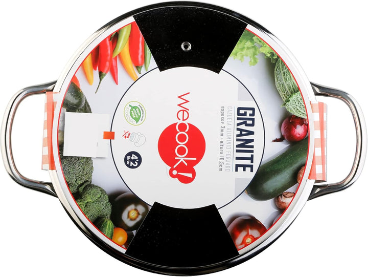 WECOOK! Granite Cazuela Alta Inducción Completa 20cm Tapa Vidrio, Aluminio Forjado 2,2 Litros, Antia