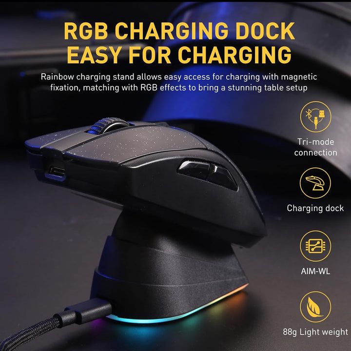 DAREU A950 Gaming Mouse mit RGB Magnetic Ladestation, 88 g Leichte, Programmierbare Tri-Mode Gamer M