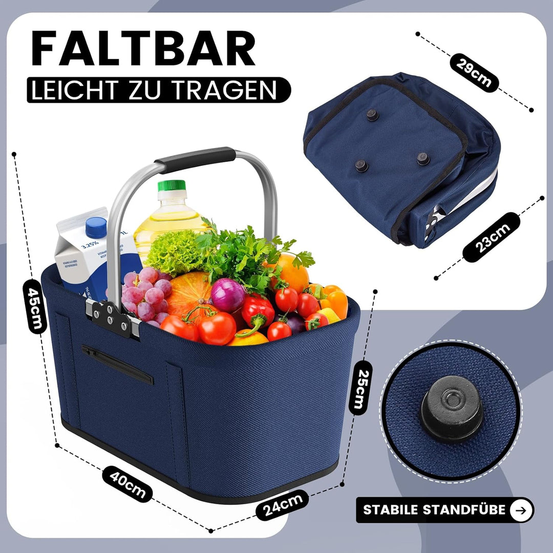 30L Faltbarer Einkaufskorb mit 4 Stützstangen | Stabiler Tragekorb & Picknickkorb | Grosser Faltkorb