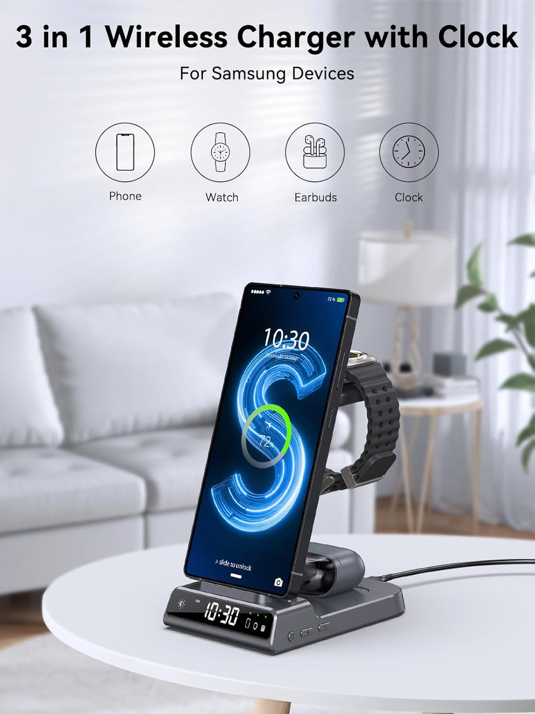Wireless Charger für Samsung Galaxy S25 Ultra, Induktive Ladestation mit Digitaluhr für Samsung Gala