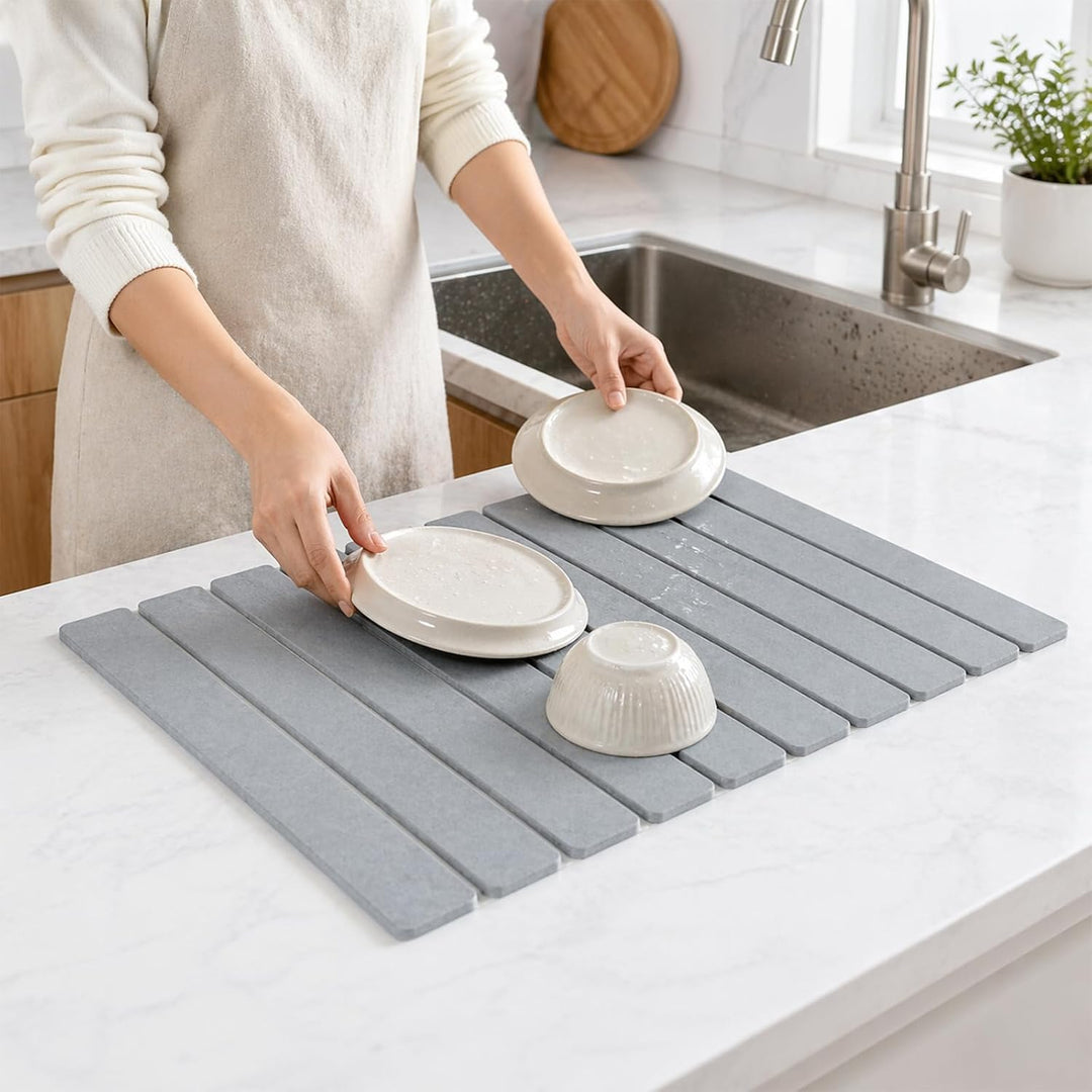 Diatomit Abtropfmatte 60 x 39 cm - faltbare Kieselgur Abtropfmatte Geschirr rutschfest und schnelltr