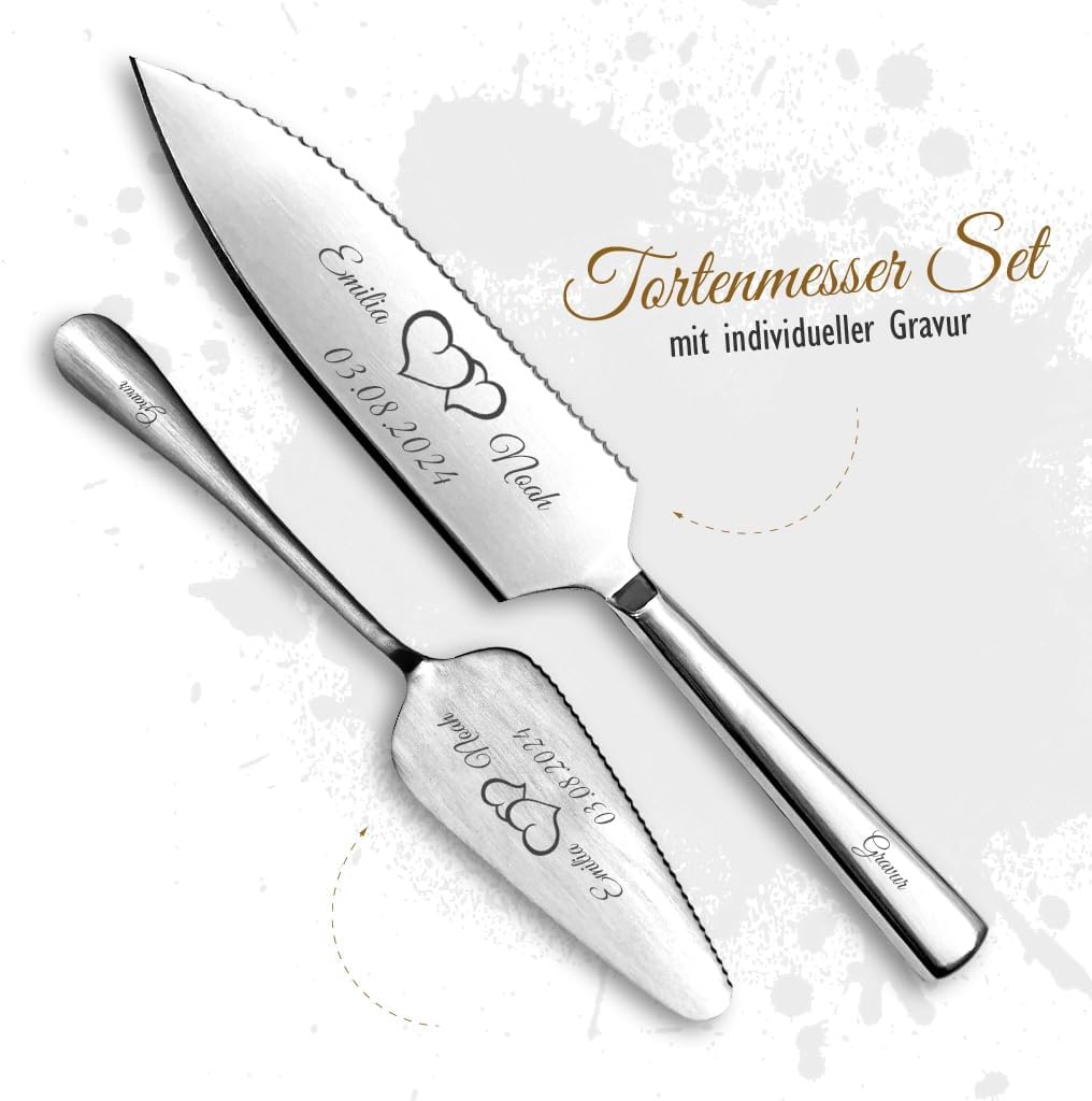 Tortenmesser + Kuchenheber Set mit eigener Gravur/Hochzeit Motiv Herzen Geschenk Brautpaar Tortenheb