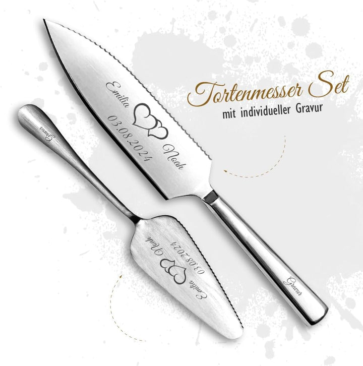 Tortenmesser + Kuchenheber Set mit eigener Gravur/Hochzeit Motiv Herzen Geschenk Brautpaar Tortenheb